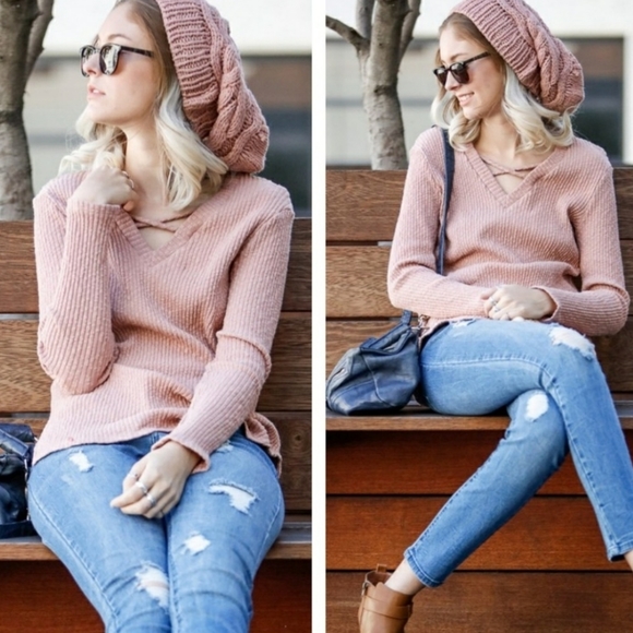 Tops - Ribbed Hi-Lo Criss Cross Side Slit tunic Sweater